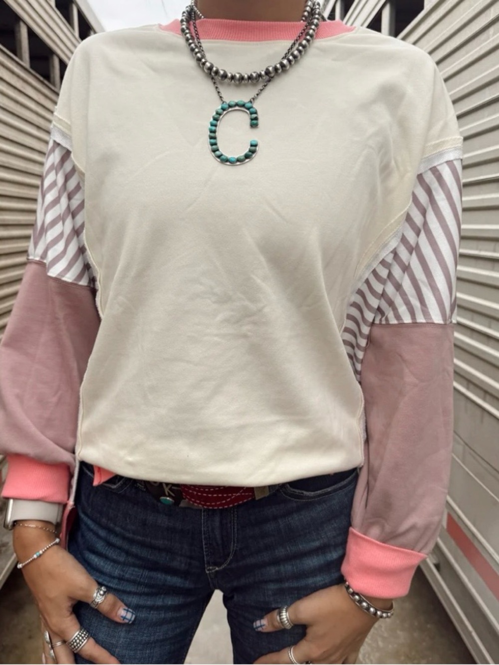 Women's Colorblock Long Sleeve Top - Pink & Cream